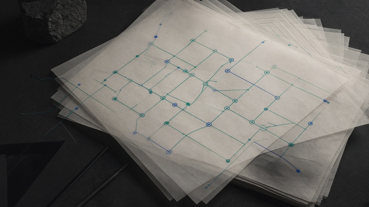 Layered tracing paper with a hand-drawn network of connected nodes, illustrating architecture before implementation.