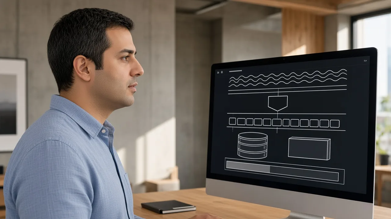 Sean Mehrabi reviewing a layered cloud infrastructure diagram.