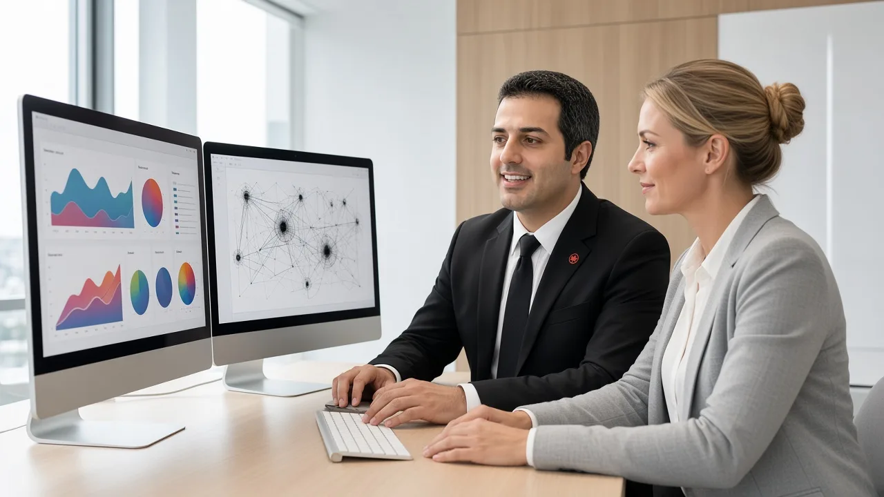 Sean Mehrabi reviewing a data pipeline and analytics view with a data architect.