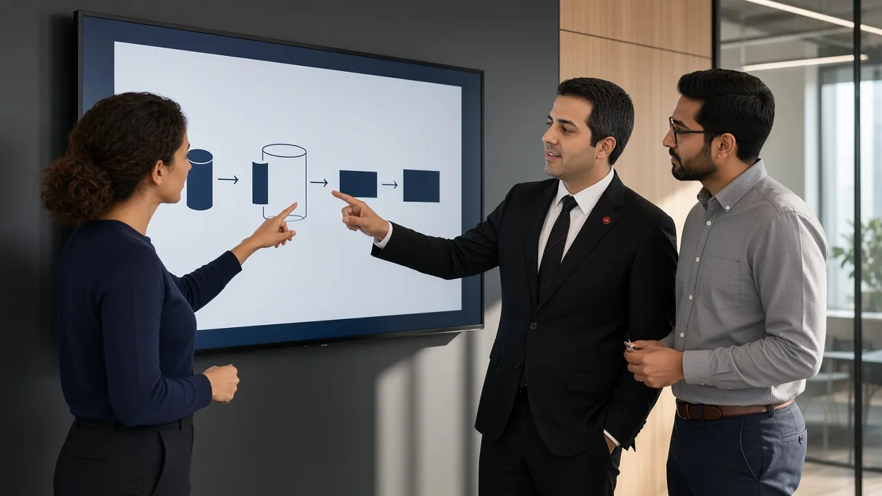 Sean Mehrabi reviewing a software delivery pipeline with platform engineers.