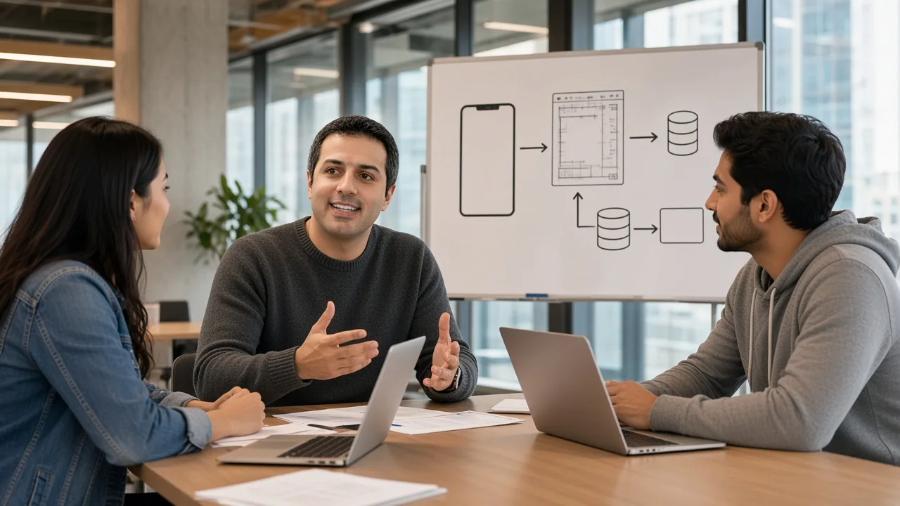 Sean Mehrabi explaining a software system roadmap to two founders.